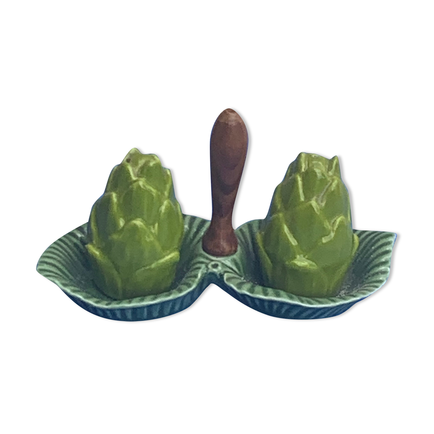 Vintage glazed ceramic barbotine artichoke shaped salt cellars