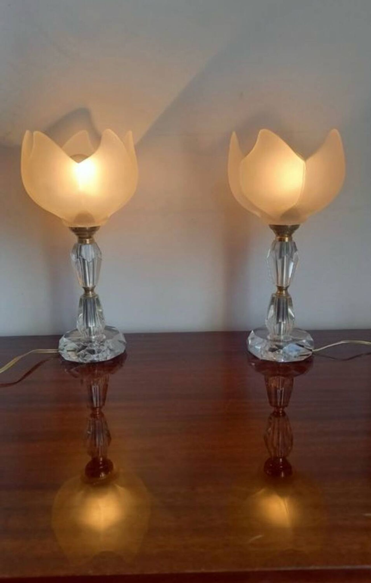 Pair of vintage table lamps in cut crystal and glass tulip.