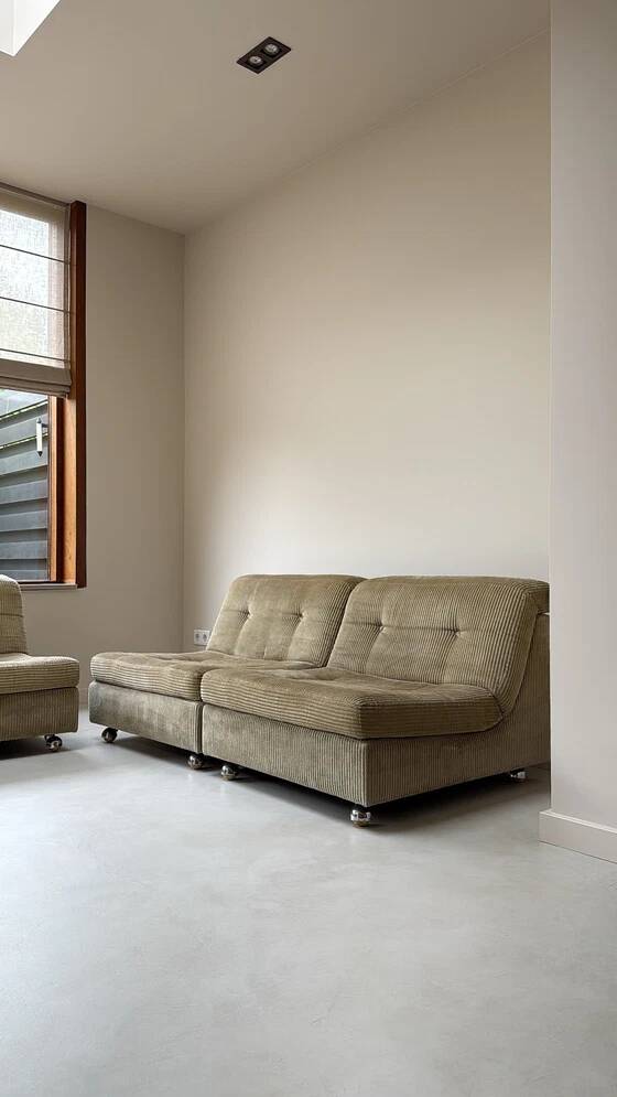 Three vintage seating elements with corduroy fabric