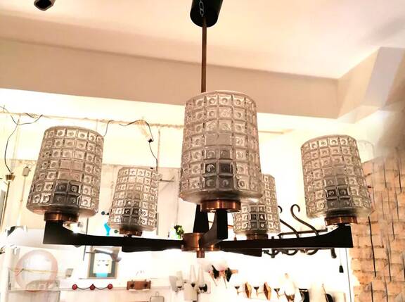 Scandinavian chandelier with 5 branches, teak and glass, 1950