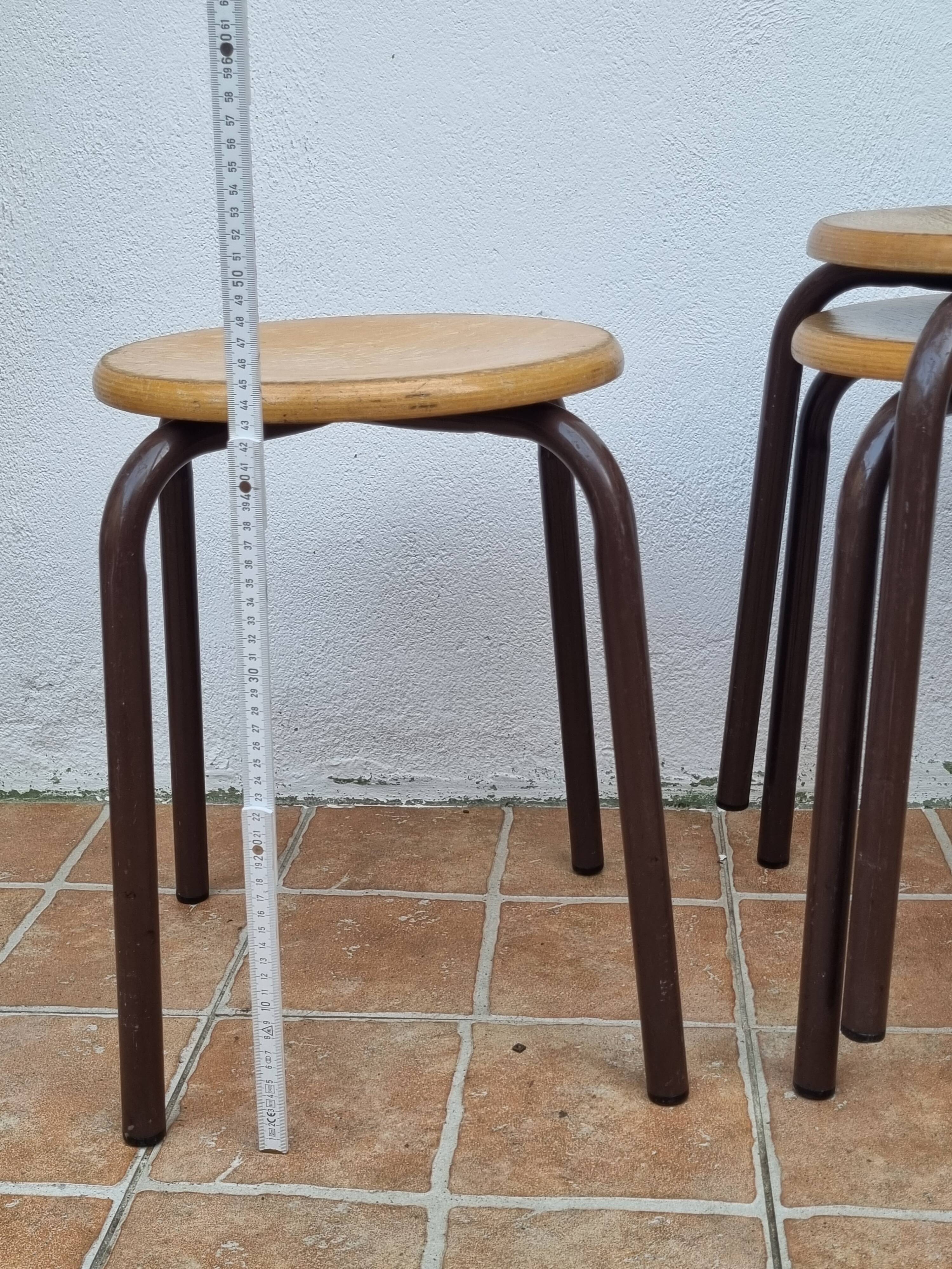 3 vintage stackable stools in wood and metal, industrial style, 45 cm