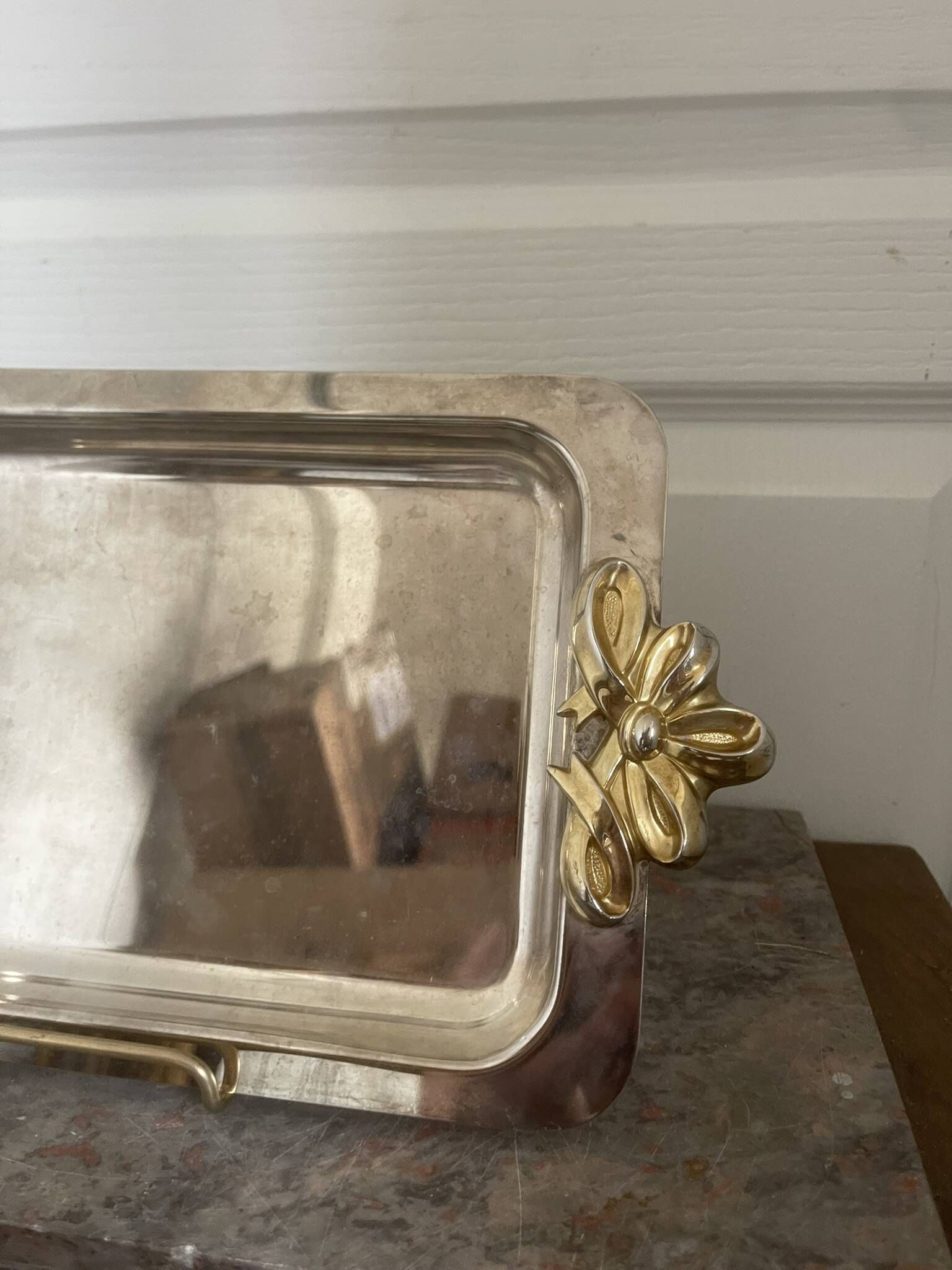 Vintage Silver-Plated Metal Art Deco Serving Tray with Gilded Knot Handle