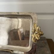 Vintage Silver-Plated Metal Art Deco Serving Tray with Gilded Knot Handle
