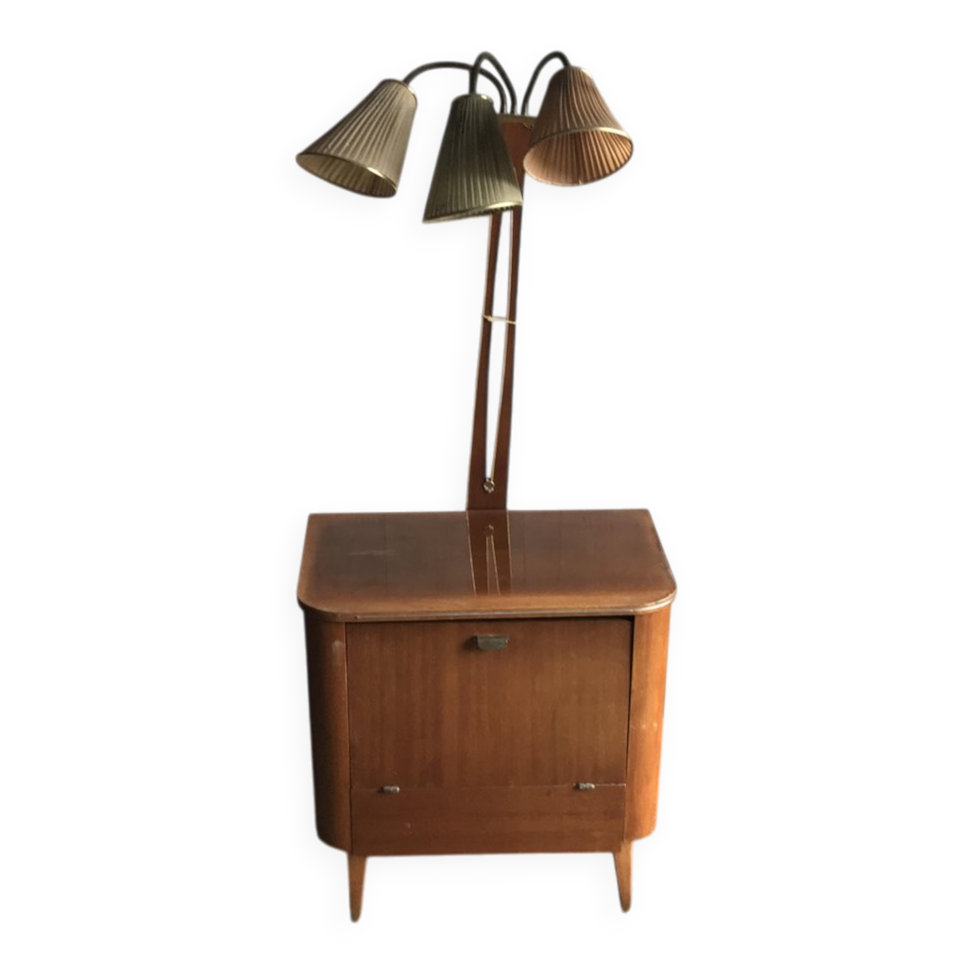 Art Deco bar cabinet in brown walnut with integrated lamp and three sockets, 1950s.