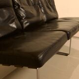 Unique Dutch bench in black leather with a steel and wenge structure from the 60s.