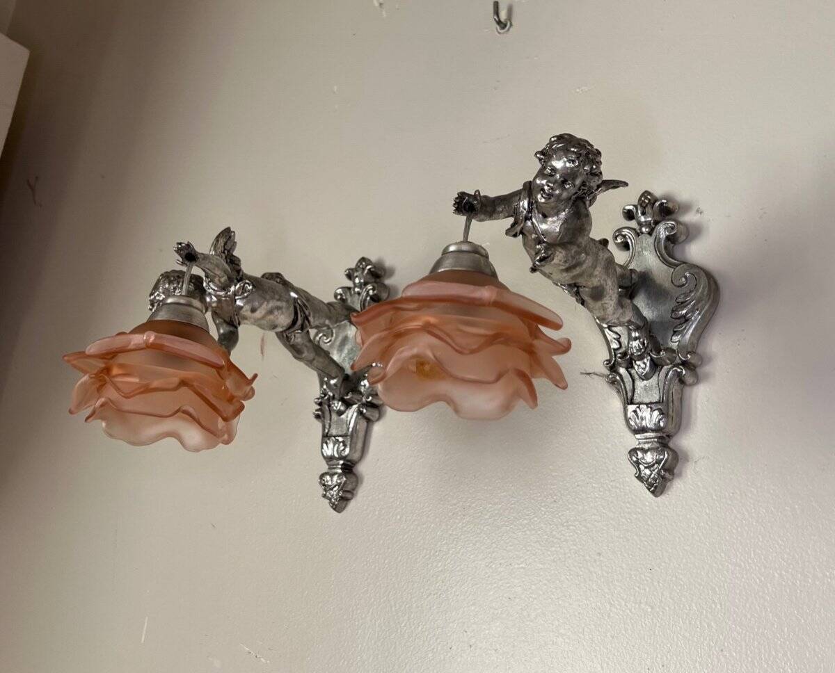 Pair of wall sconces, cherubs, angels, silvered