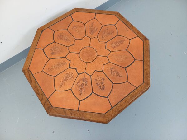 Table basse octogonale Barrois motifs herbier vintage en chêne et céramique