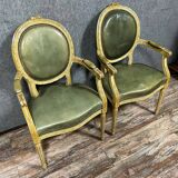 Pair of Louis XVI Cabriolet Armchairs with Medallion Backs in Limed Wood, 19th Century
