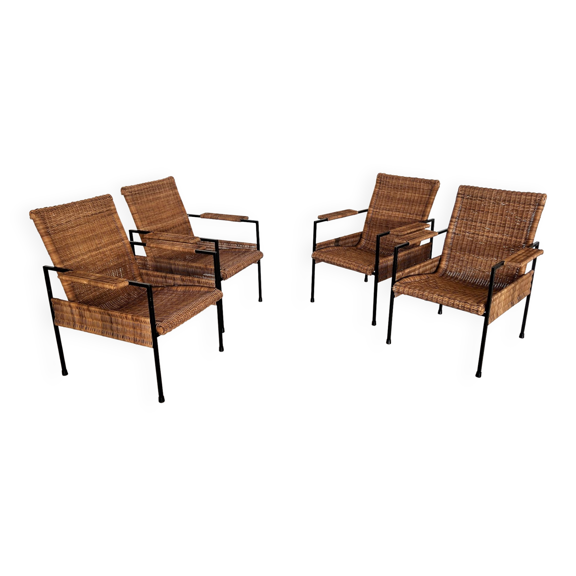 Rattan wicker and iron lounge chairs, set of 4