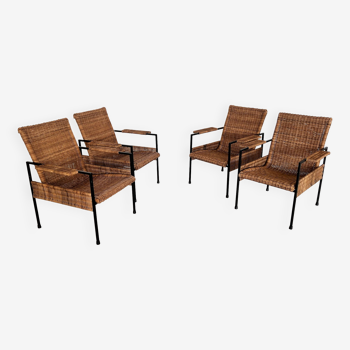 Rattan wicker and iron lounge chairs, set of 4