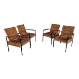 Rattan wicker and iron lounge chairs, set of 4