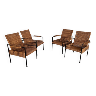 Rattan wicker and iron lounge chairs, set of 4