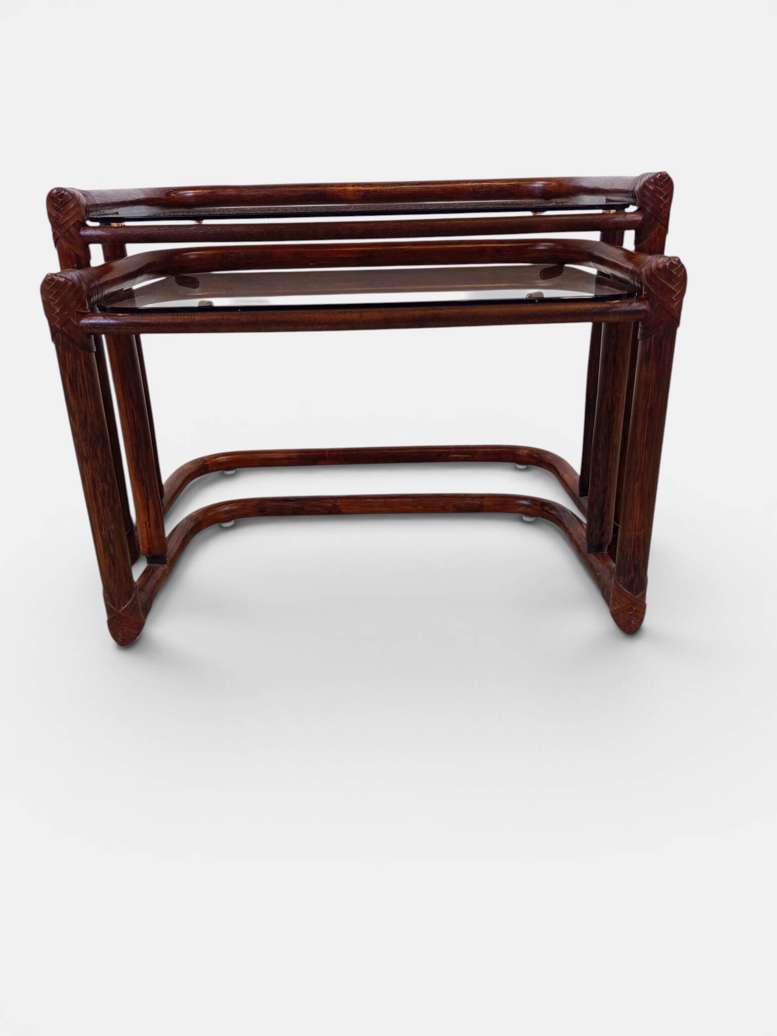 Vintage nesting tables in rattan and smoked glass by Flecht-Atelier Schütz.