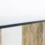 Console, or desk, in glass and travertine. 1980s.