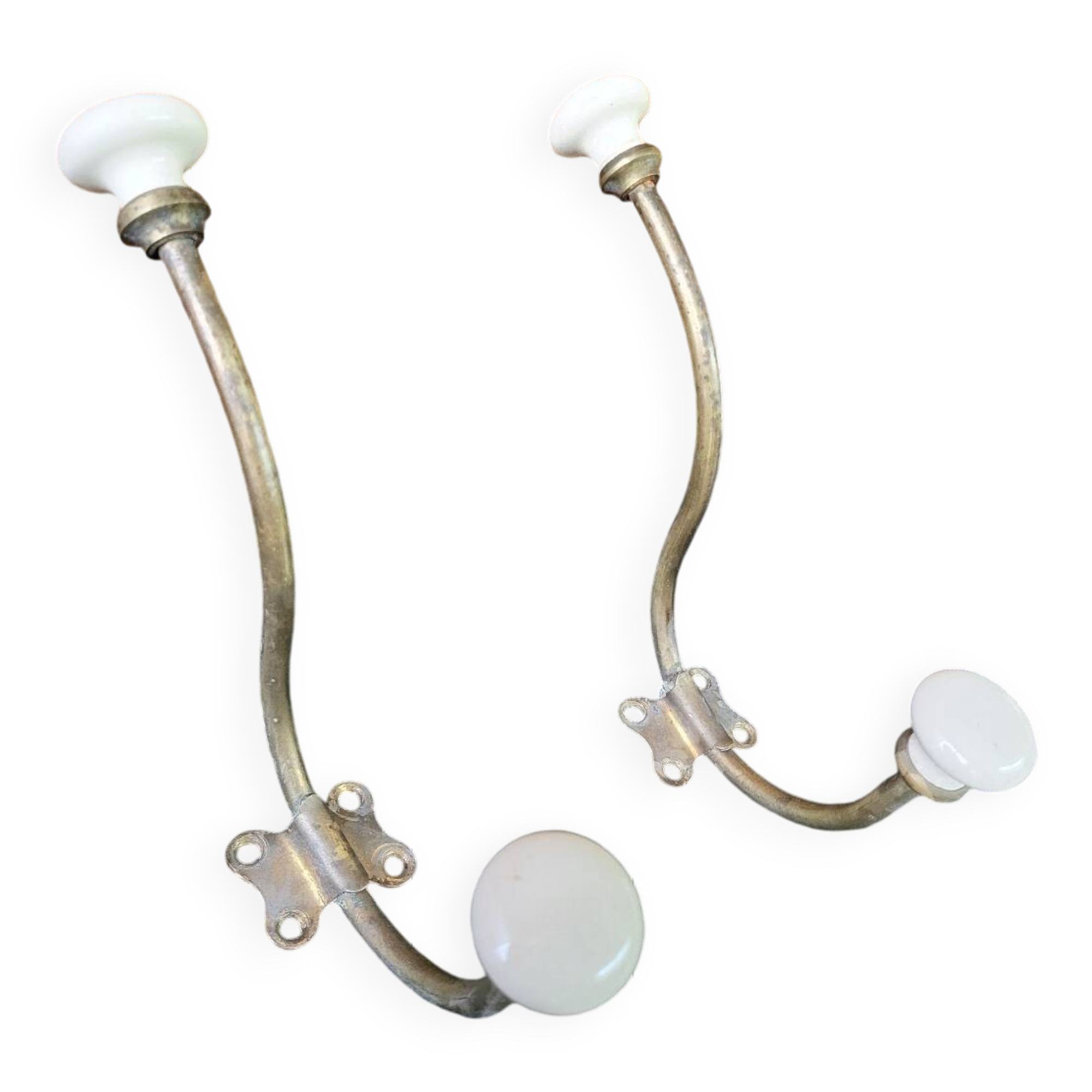 Set of 2 double brass/porcelain coat hooks