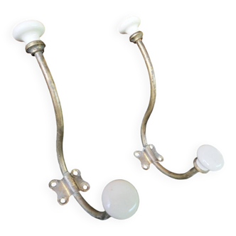 Set of 2 double brass/porcelain coat hooks