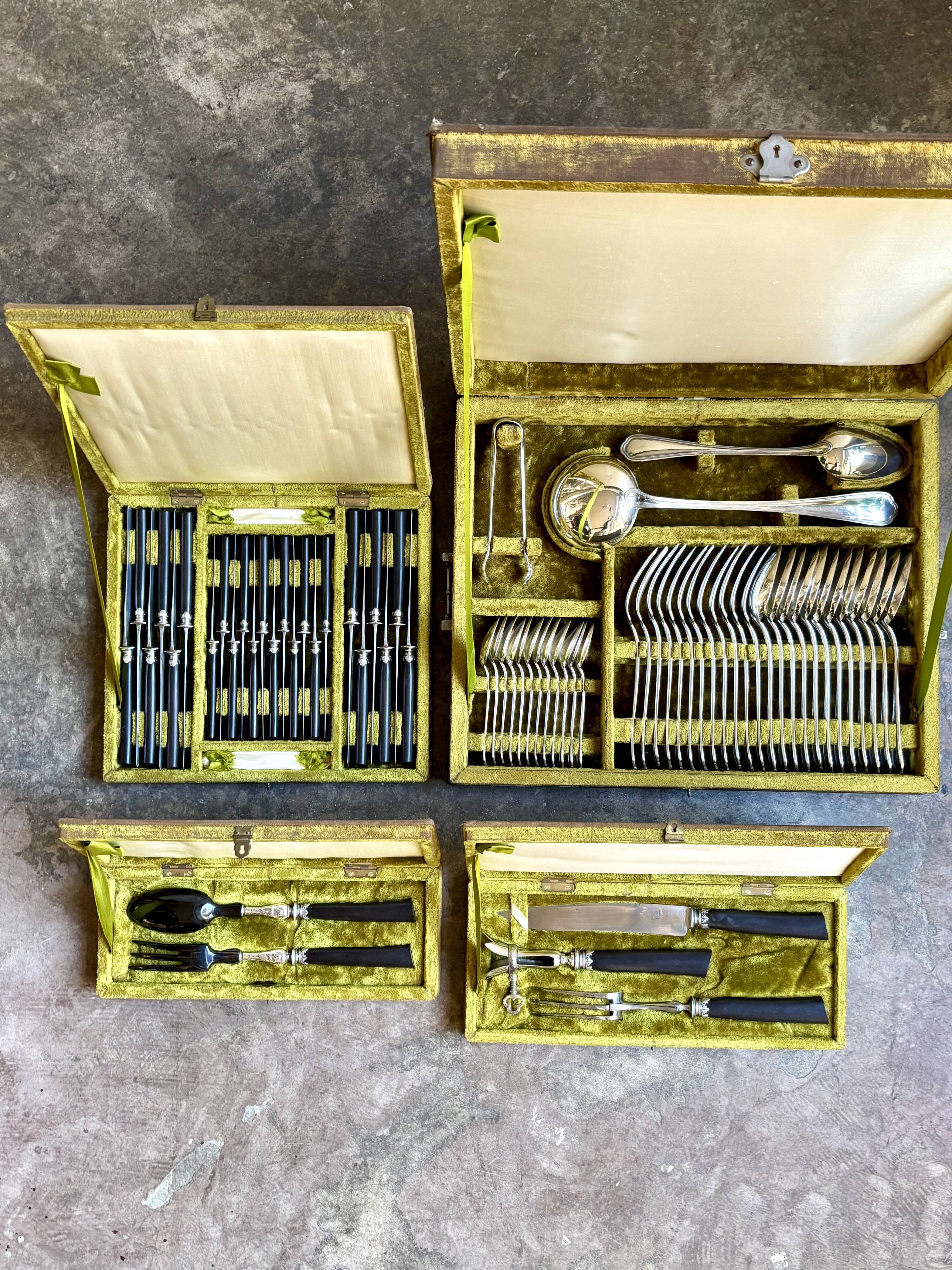 68-piece silver-plated and black ebony cutlery set with 4 velvet cases