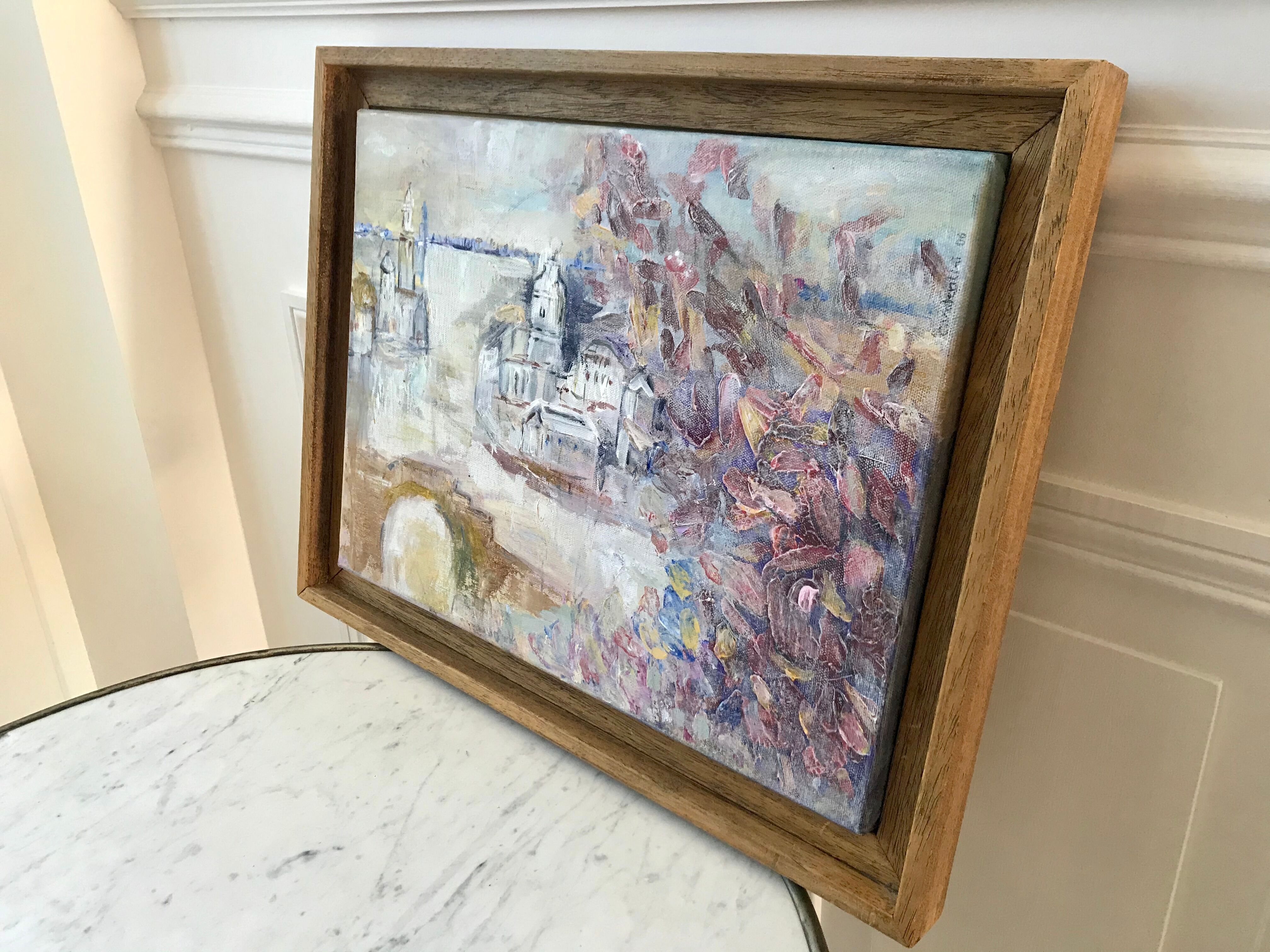 Painting oil on canvas city and trees framed pastel tones signed vintage