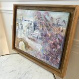 Painting oil on canvas city and trees framed pastel tones signed vintage