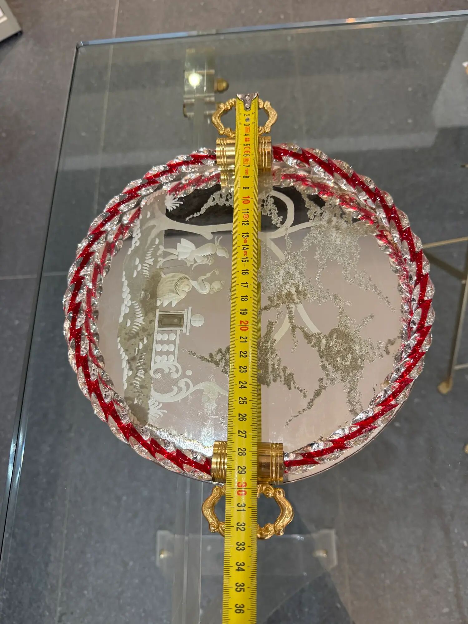 Engraved mirror plateau with twisted red and white glass border, Murano / Venice (c. 1940–1950)