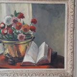 Antique oil painting depicting a still life