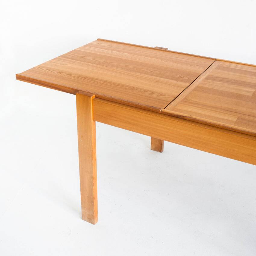 Extendable table and 4 chairs set with a rationalist design in solid elm wood. France, 70's