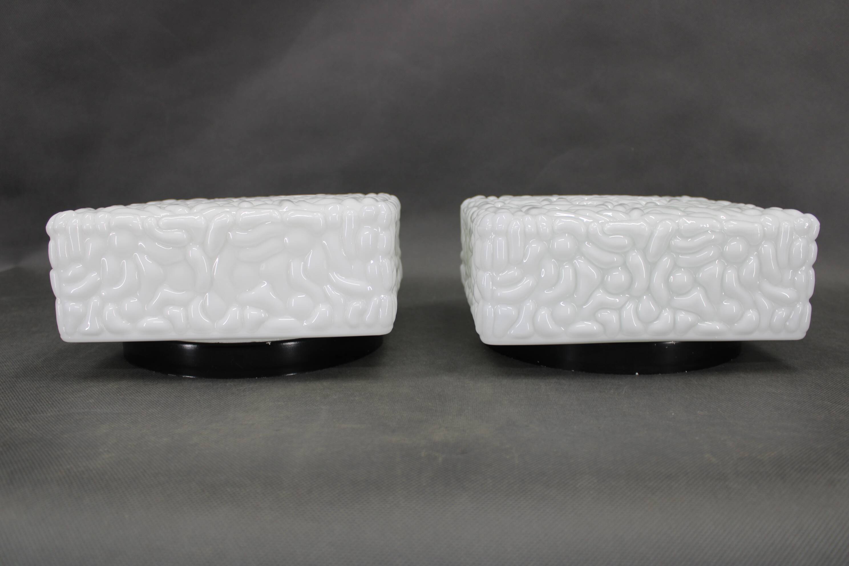 1970s Pair of Milky Glass Square Ceiling Lights, Czechoslovakia