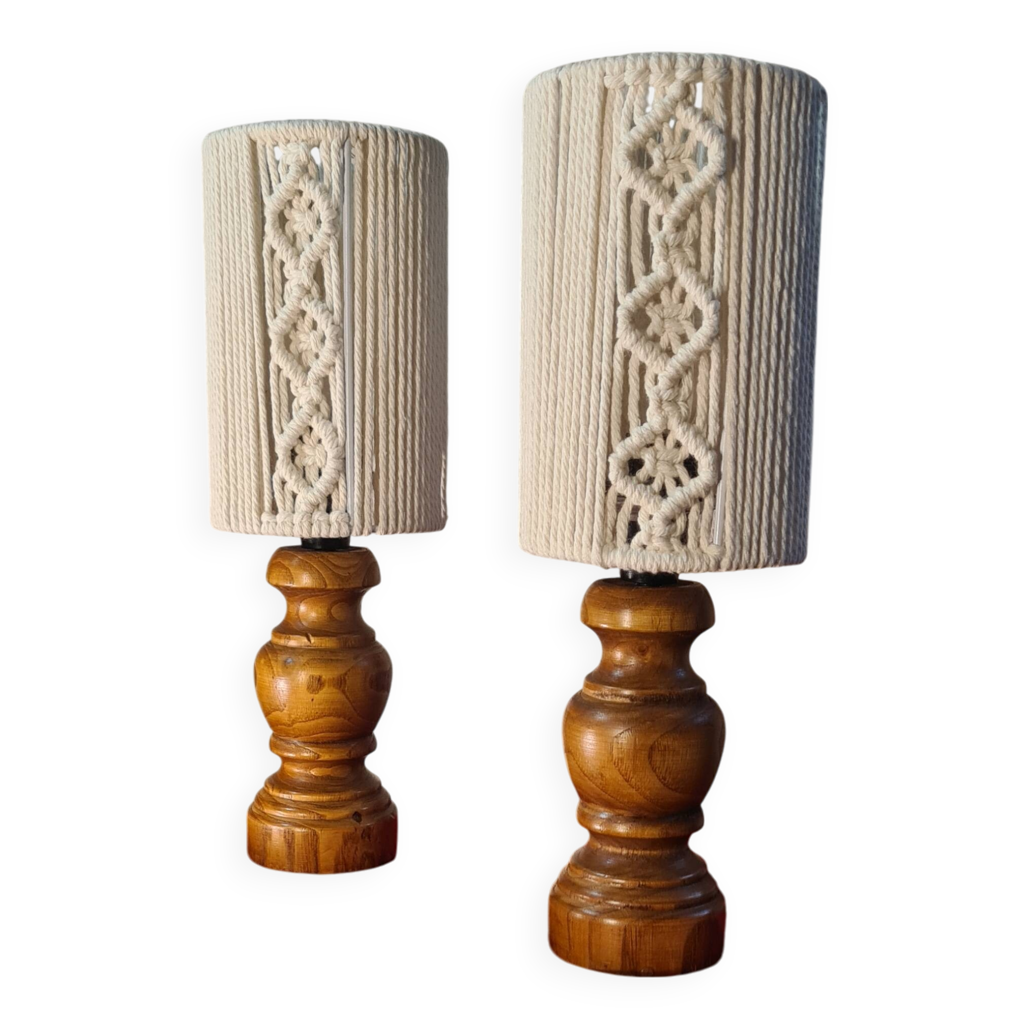 Pair of vintage lamps in woven cotton wood, scandinavian style, 31x11 cm