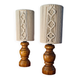 Pair of vintage lamps in woven cotton wood, scandinavian style, 31x11 cm