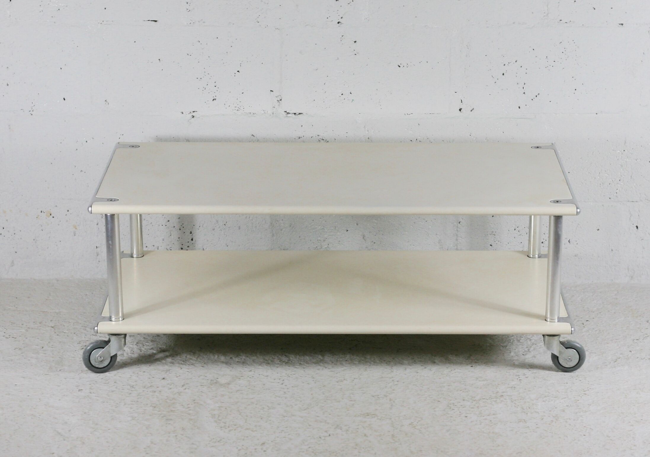 Coffee table in lacquered steel "cream", double trays, France, circa 1970
