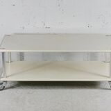 Coffee table in lacquered steel "cream", double trays, France, circa 1970