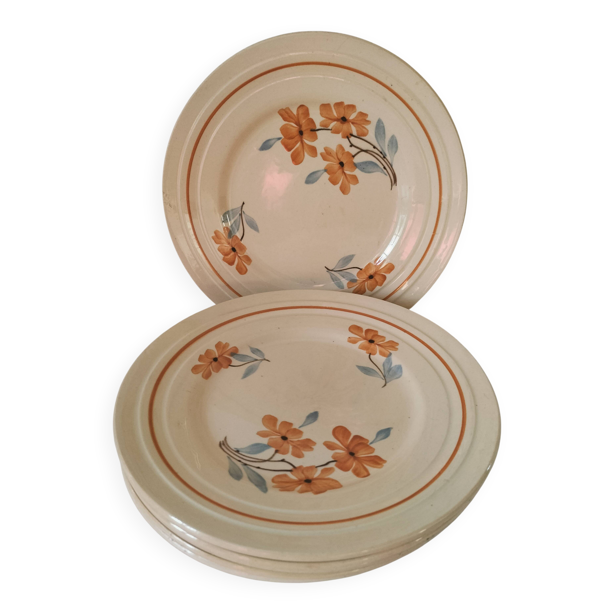 Set of 6 vintage orange and blue floral plates – 1950s