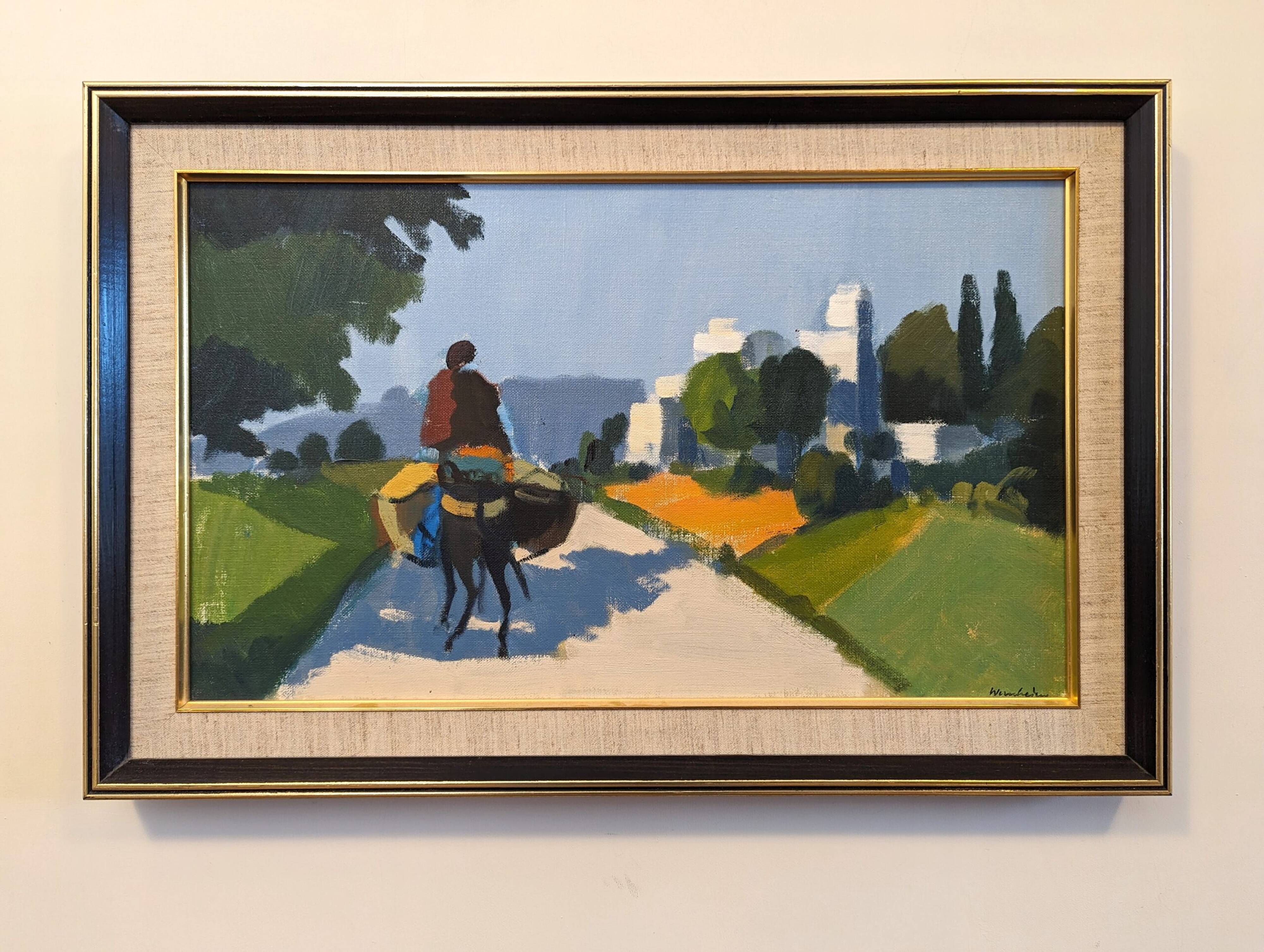 Mid-Century Modern "Rider on the Road" Swedish Vintage Street Scene Oil Painting, Framed