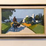 Mid-Century Modern "Rider on the Road" Swedish Vintage Street Scene Oil Painting, Framed