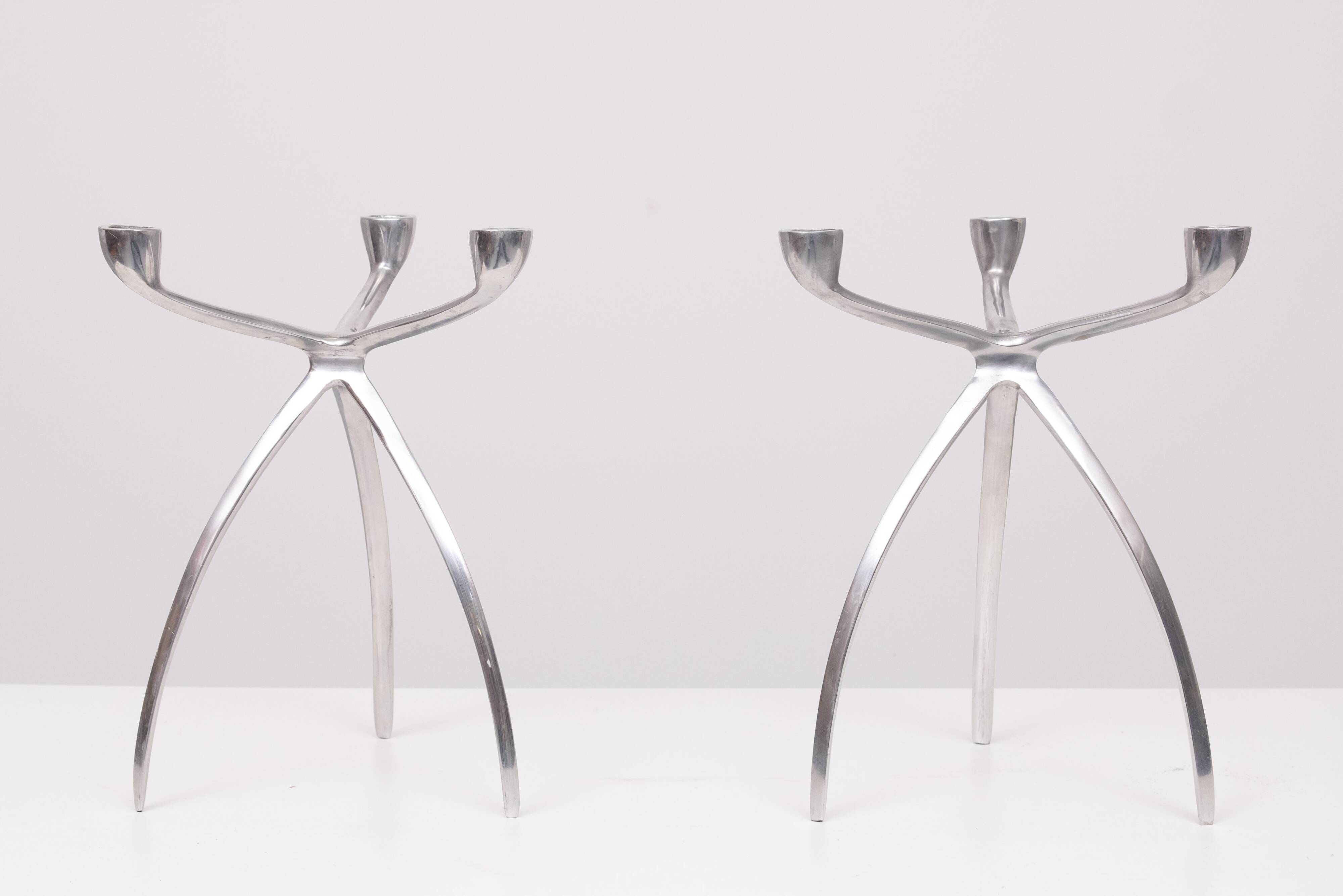 Pair aluminum 3 arms spider candle sticks de bijenkorf 1970s