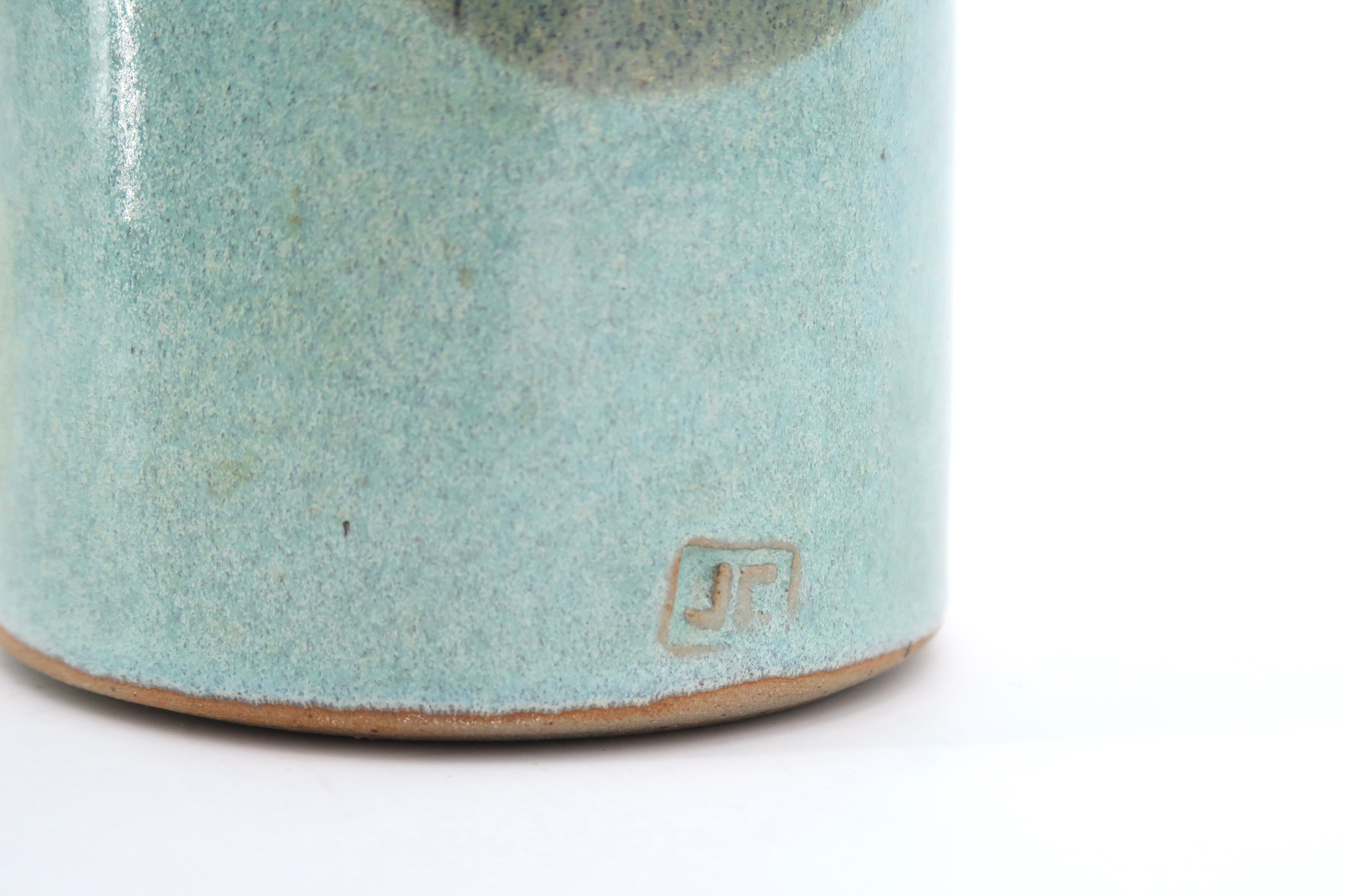 Blue vase with abstract ceramic decor by Jean Cacheleux
