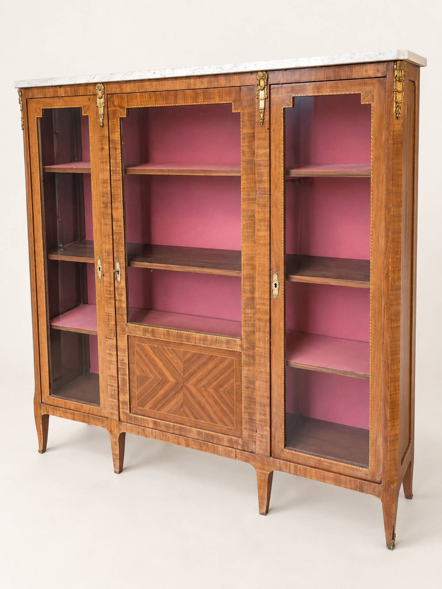 Display cabinet, Louis XVI style bookcase in marquetry, marble and bronze.