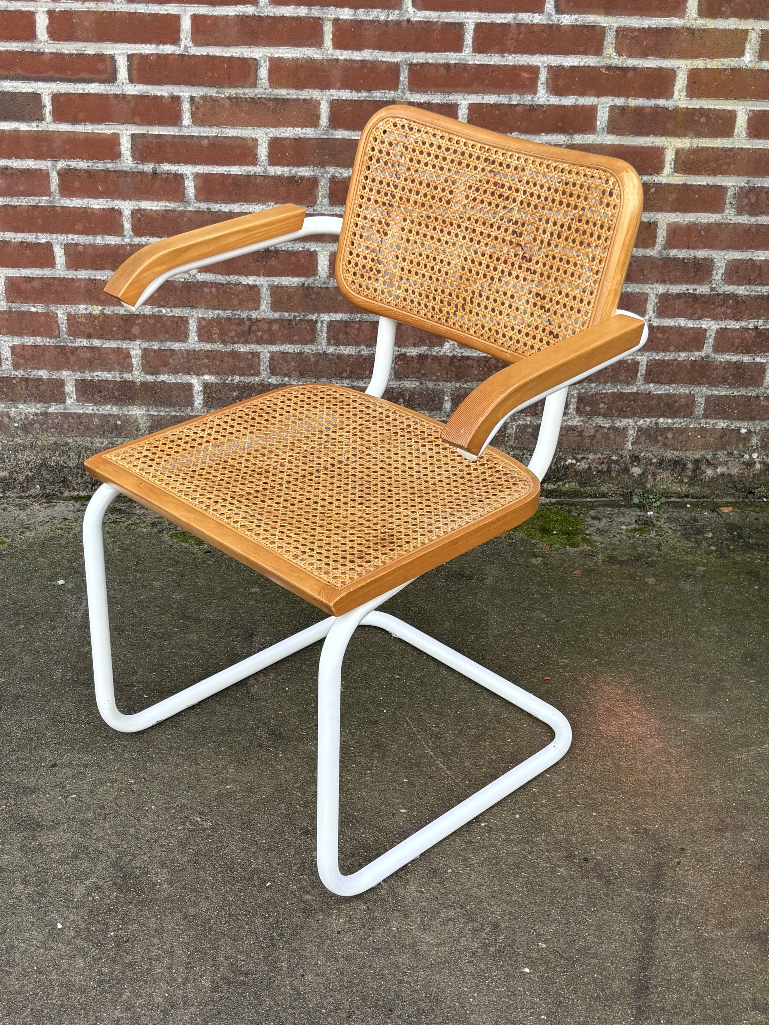 Chair Cesca model with armrests B64 in white metal and wood