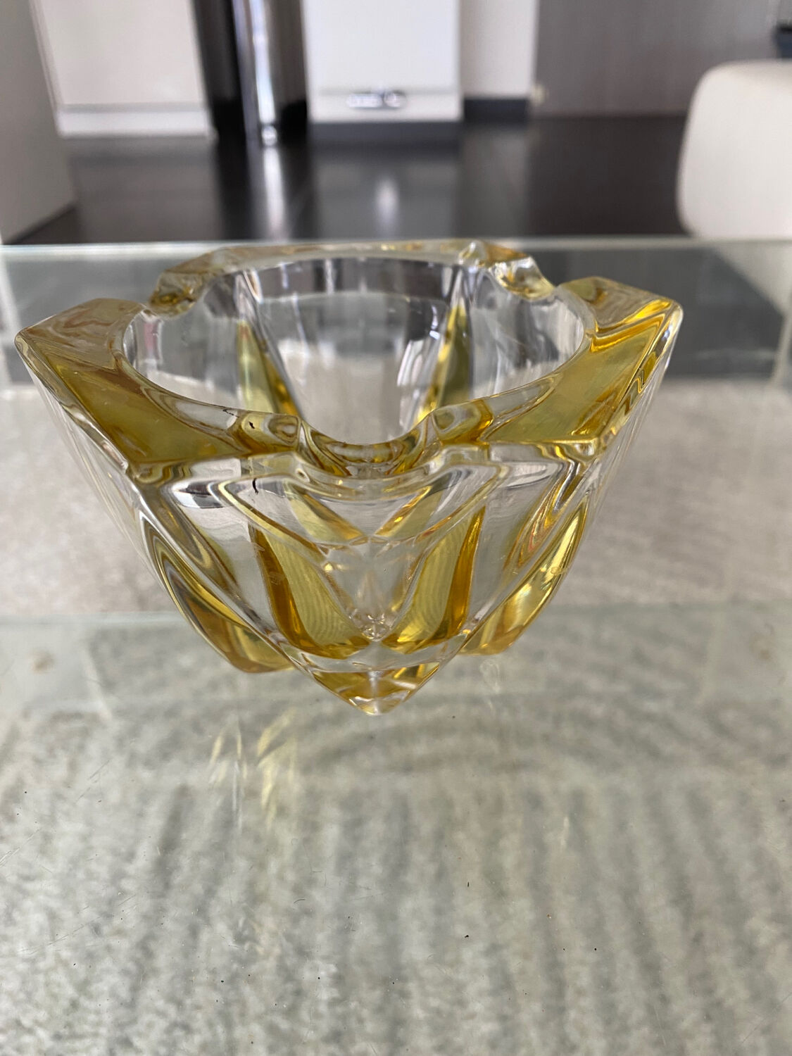 Vintage empty pocket ashtray in yellow chiseled glass or crystal