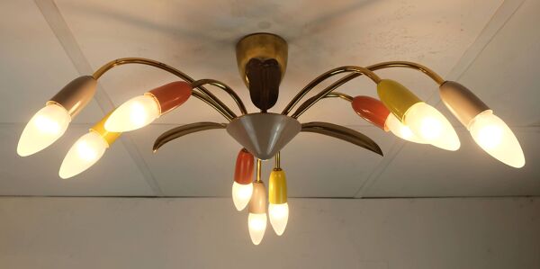 Plafonnier Spoutnik Spider à 9 lumières, milieu du siècle, années 1950, laiton et métal
