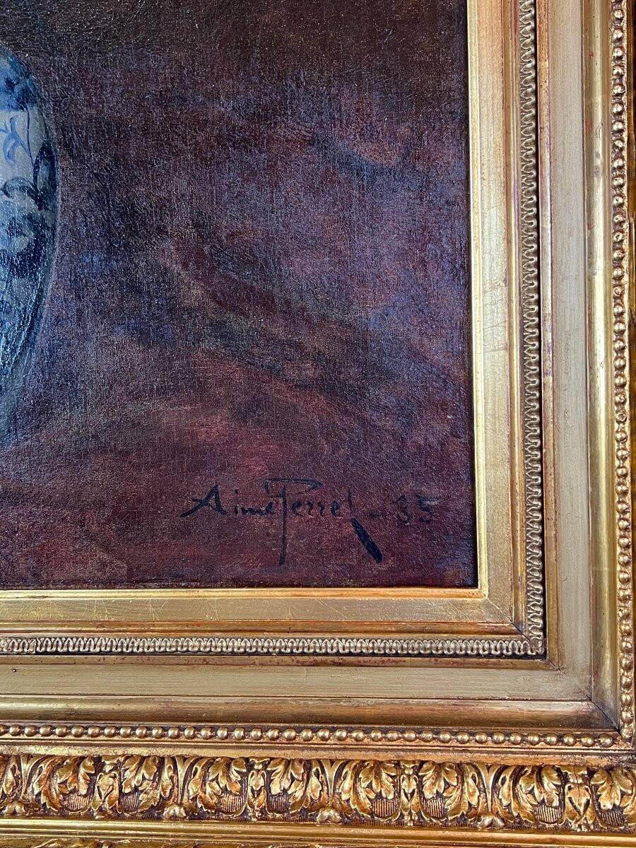 Oil on canvas painting Still life with flowers, Aimé Perret (1846-1927)