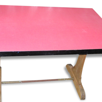 Table de bistrot en formica rouge des années 70, plaque de fabricant Lebatteux