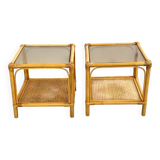 Rattan, Canework and Smoked Glass End Tables, 1960s, Set of 2