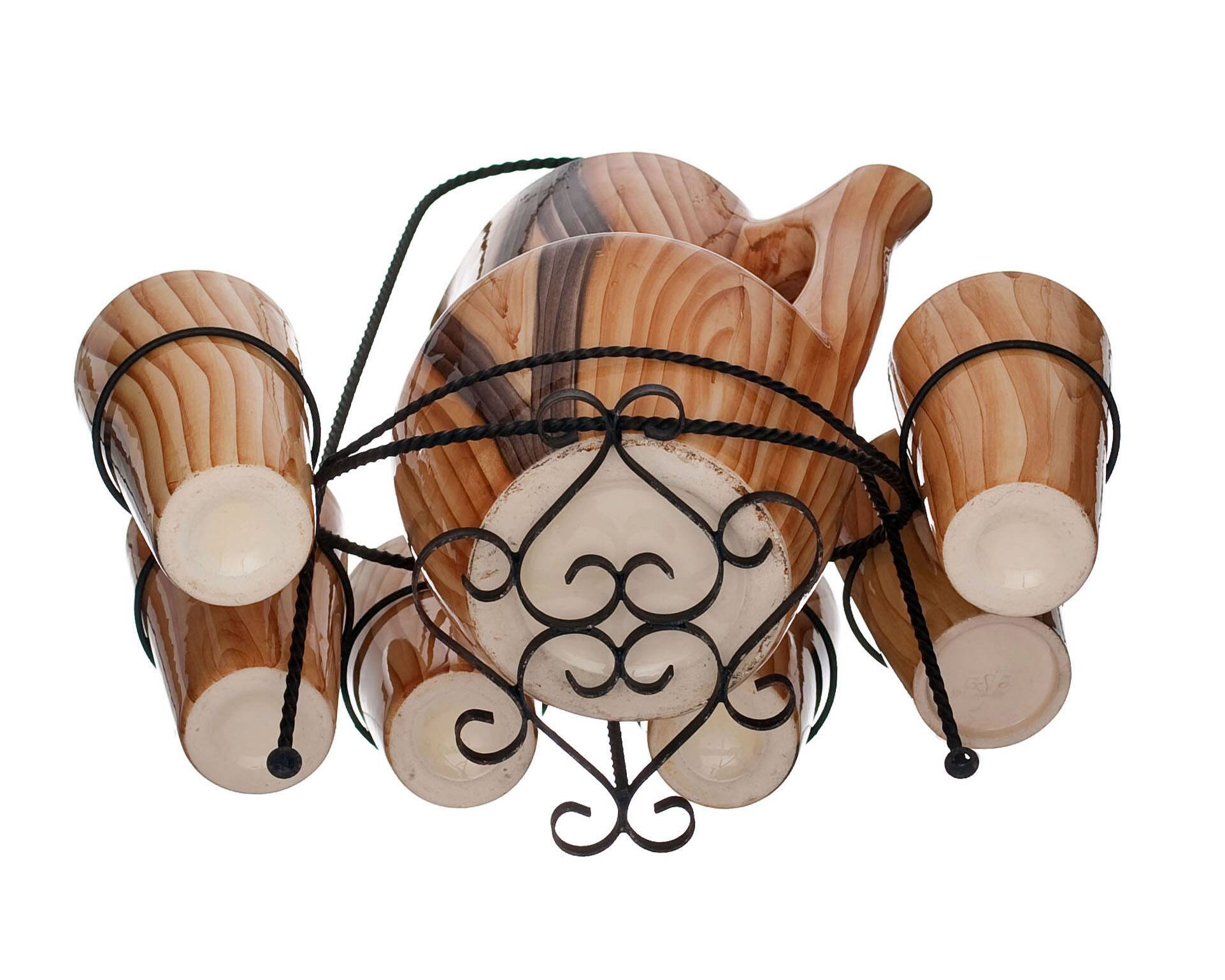 Orangeade service pitcher and 6 ceramic glasses faux wood and wrought iron Vallauris year 50/60