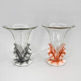 Set of Two Art Deco Dove Birds Glass Vases by Josef Feigl for Libochovice Glassworks, 1930s