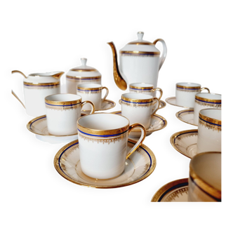 Luxurious high-end coffee service in Limoges Malevergne Cobalt Blue and Gold porcelain from the 19s