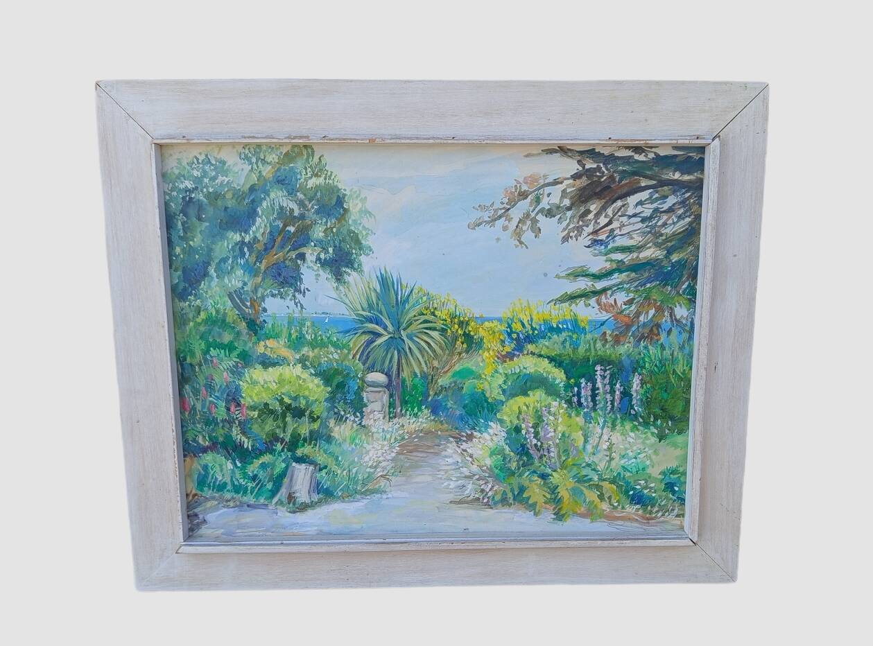Mediterranean Garden – Original signed painting, bright landscape with a view