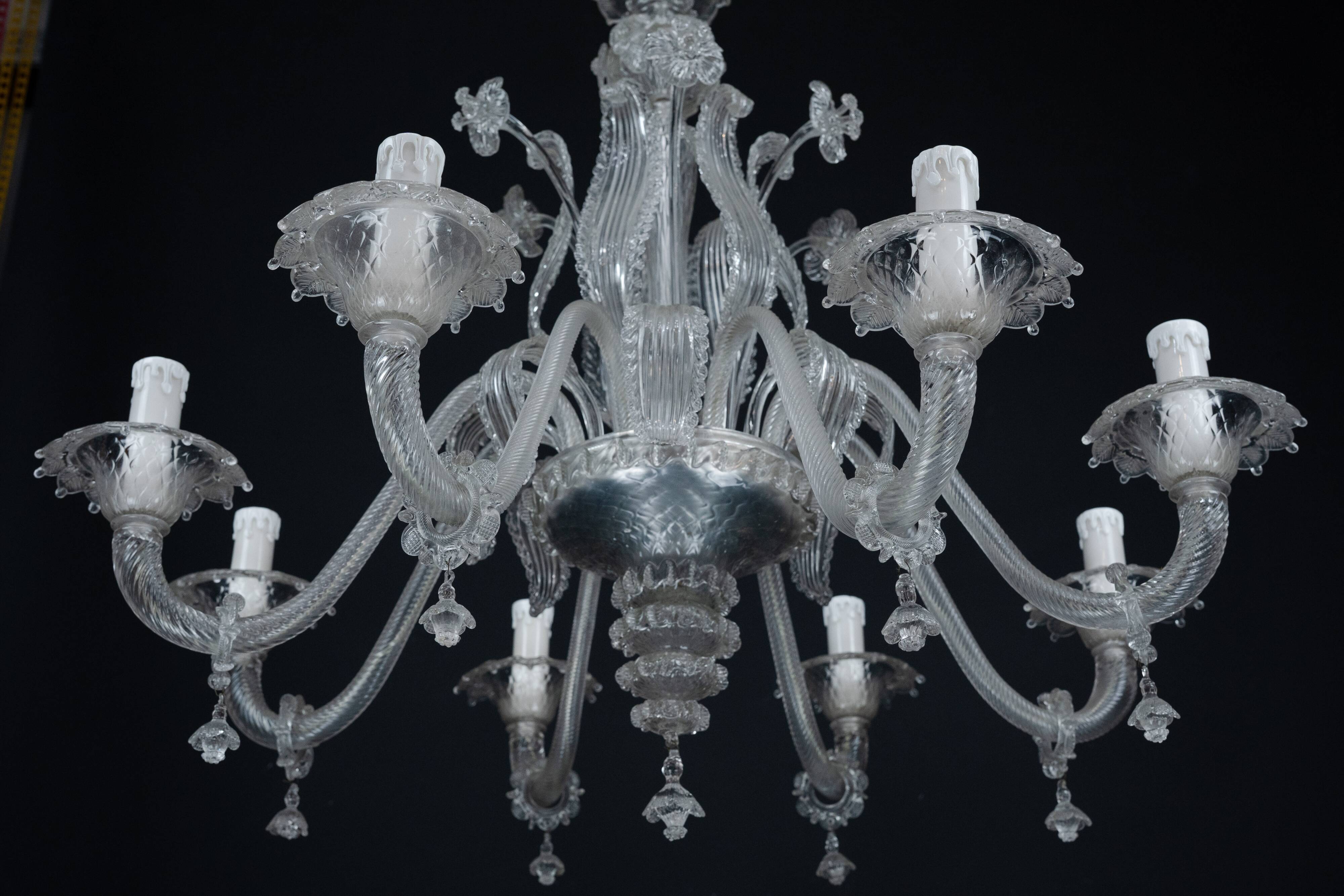 1940s Vintage Murano Clear Glass Chandelier, Classic Italian Art Glass
