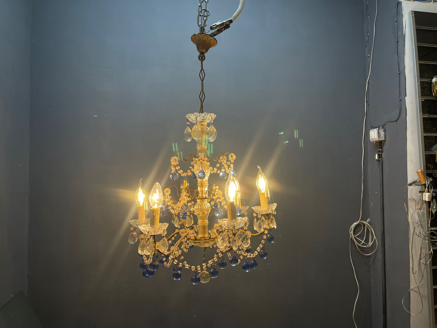 Vintage Italian Macaroni Murano  Blue Chandelier