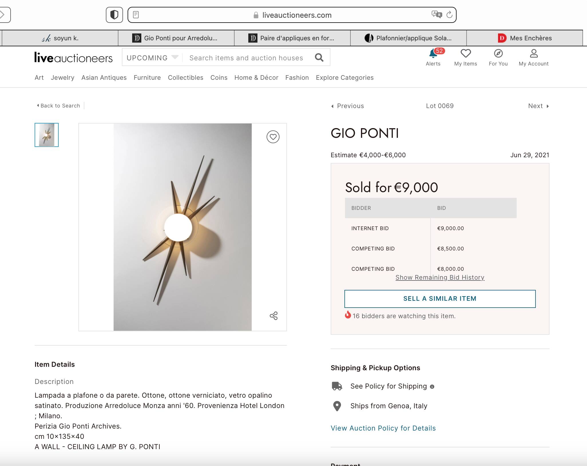 Gio Ponti Sun ceiling light produced by Arredoluce